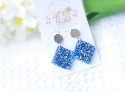 Blue & Silver Glitter Stud Dangle Earrings