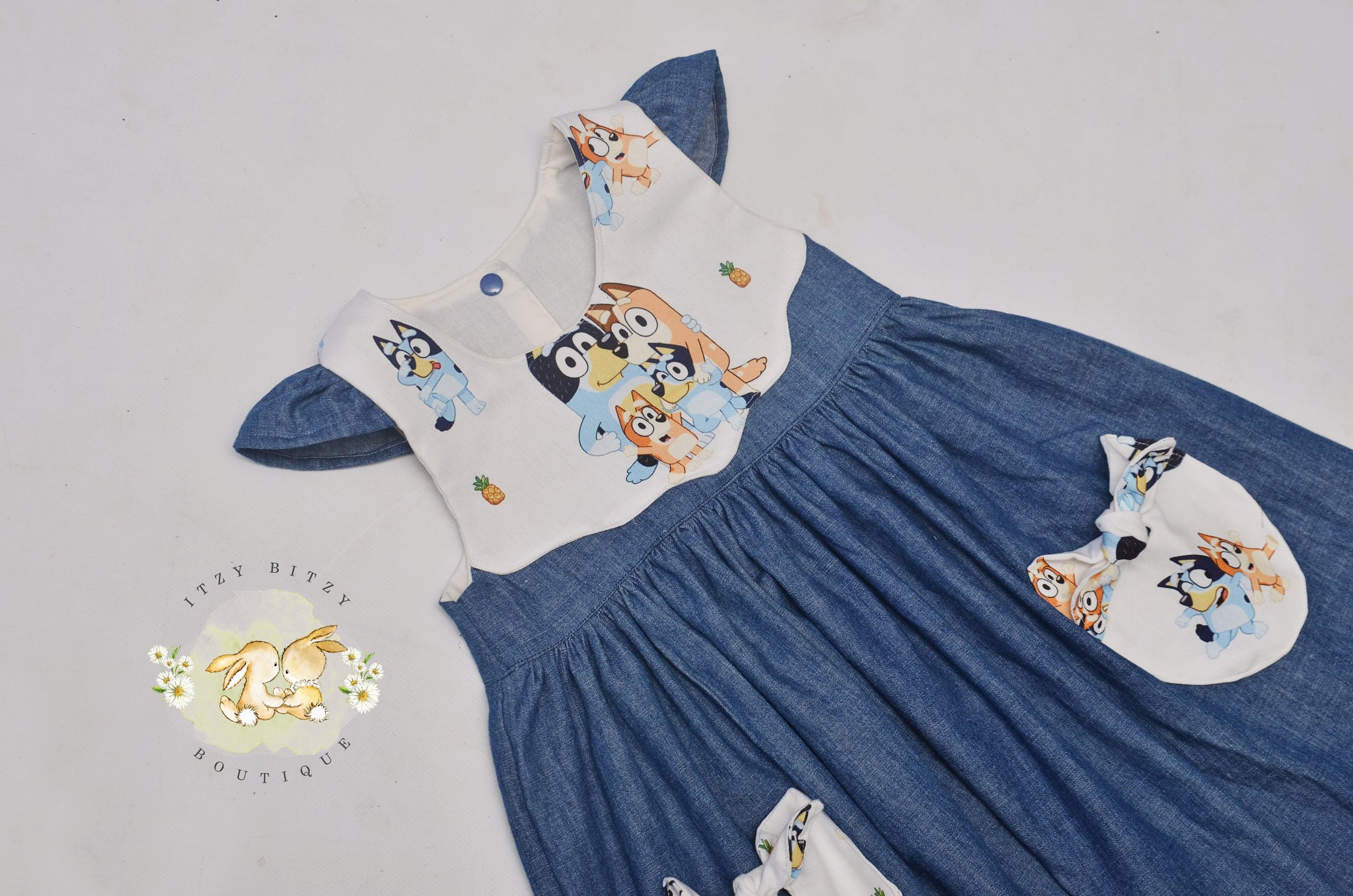 bluey birthday dress Denim Bluey Tea Party Dress – Itzy Bitzy Boutique